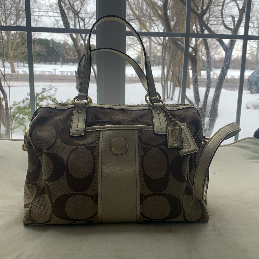 Coach Signature Stripe Satchel Canvas Monogram Handbag With Gold Details